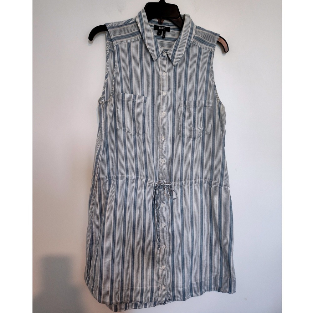 PAIGE Blue White Striped Sleeveless Cotton Button Down Drawstring Dress Large